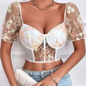 Floral Embroidery Mesh Bustier Crop Top